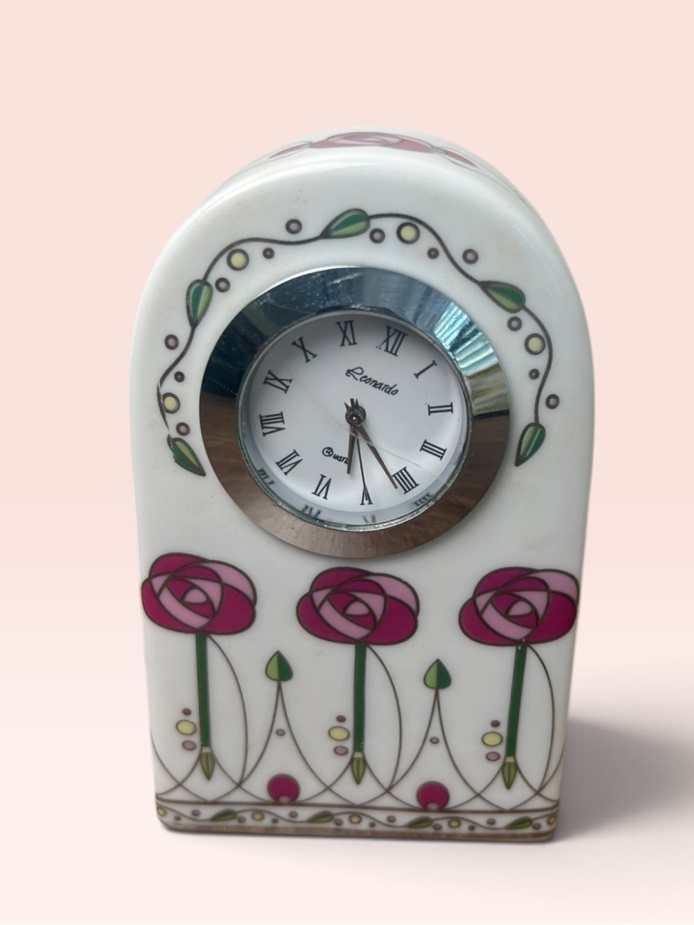 The Leonardo Collection Pink Rose Ceramic Quartz Mini Mantel Clock
